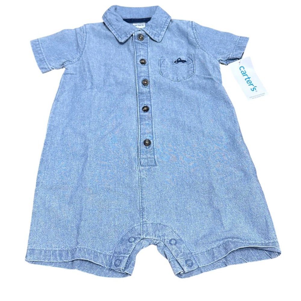 Carter’s 12M Chambray Shortall Romper Blue‎ Baby Outfit NWT Car Pocket